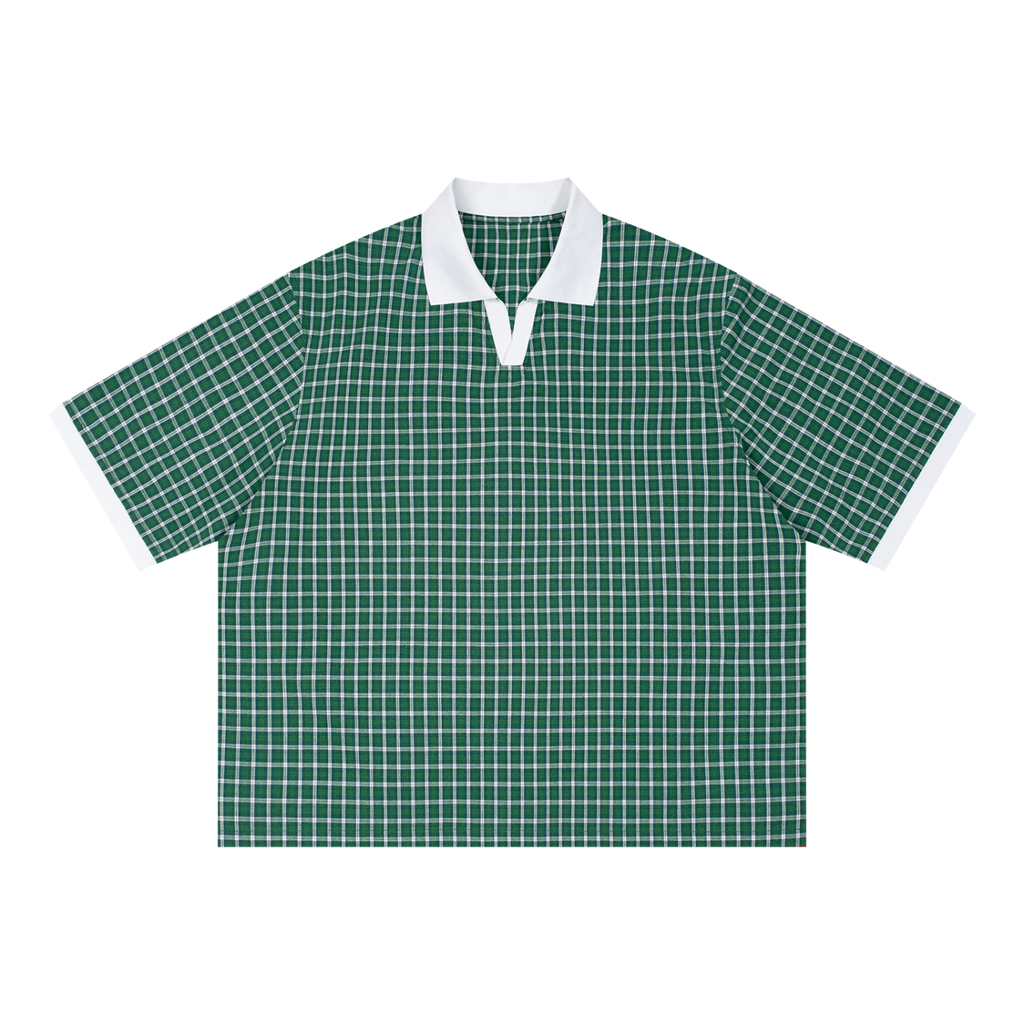 Unisex Boxy Plaid Color Block Polo Shirt